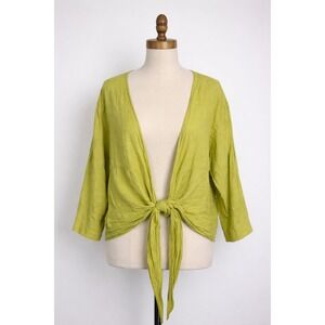 MATCH POINT Linen Tie Front Kimono Cardigan Jacket Top Green L Made in USA